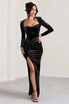 שמלת קטיפה מקסי שרוולים ארוכים