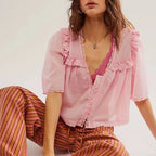 Abbie חולצת כותנה וי עם תחרה